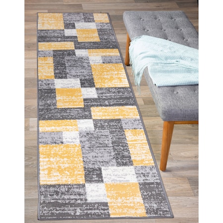 World Rug Gallery Modern Geometric Boxes Yellow/Gray/Ivory Runner Rug 2'x7' 2072YELLOW2X7